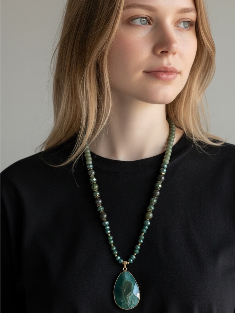 9/26 Green Beaded Teardrop Pendant Necklace - Elegant Women’s Jewelry